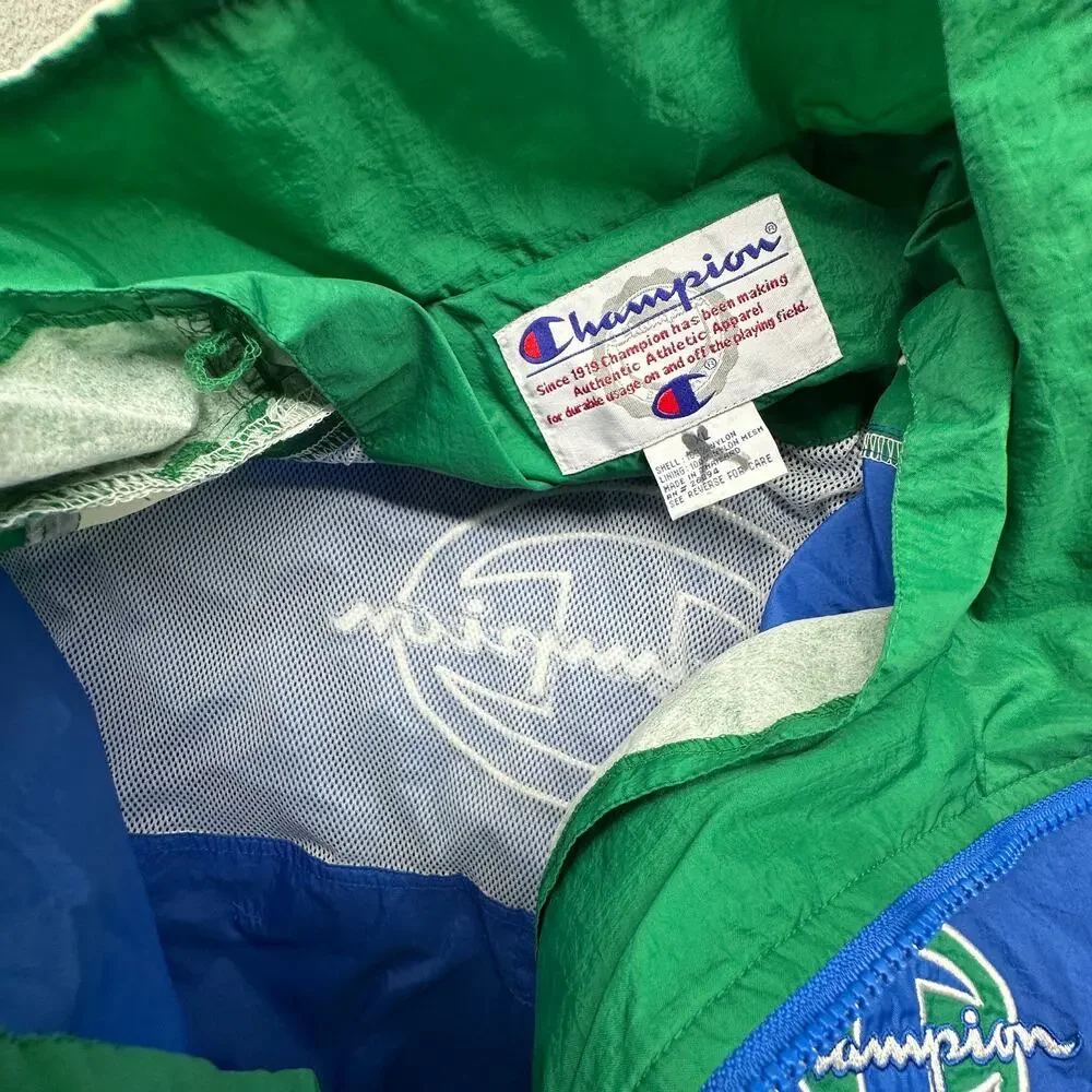 Vintage 90s Champion Blue Green Windbreaker Jacket Mens XL Retro Full Zip Nylon